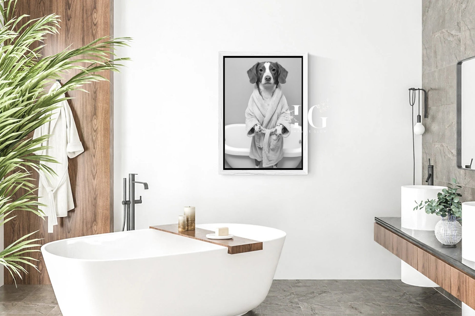 Humorous Brittany dog in a bathrobe design for playful bathroom decor.