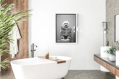 Playful printable of a Maltese dog relaxing in a toilet for quirky decor