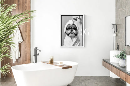 Whimsical Shih Tzu dog in bathrobe design perfect for dog-themed bathroom decor