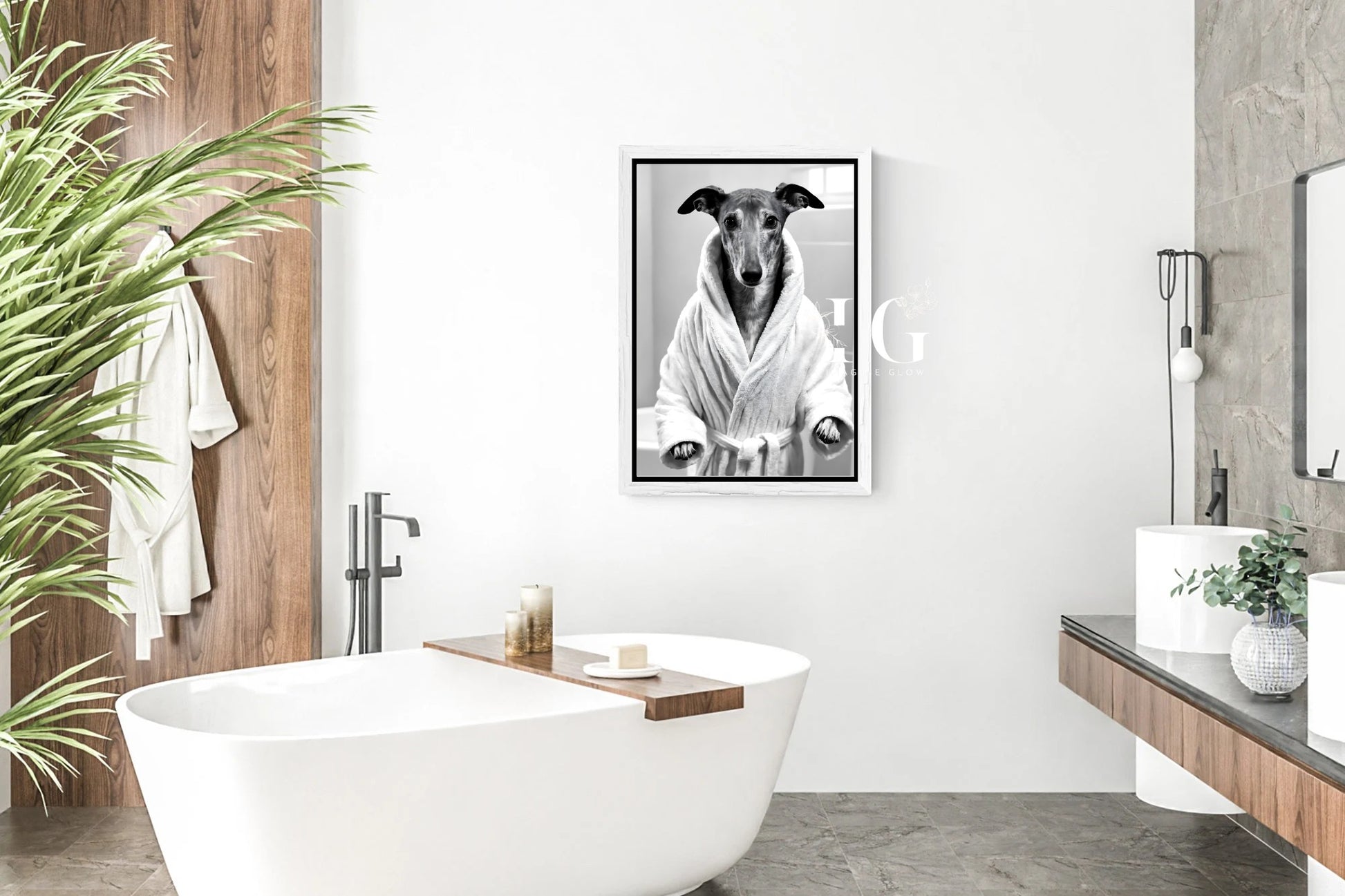 Printable wall art of a Greyhound dog in a bathrobe for quirky bathroom decor