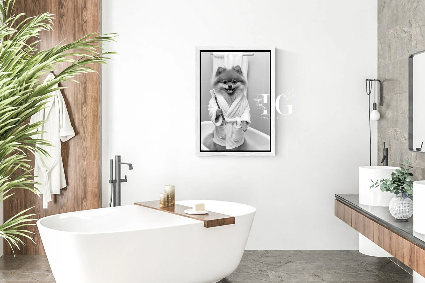 Pomeranian in Bathrobe - Humorous Printable Bathroom Wall Decor