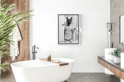 Printable wall art of a German Shepherd in a bathrobe for fun bathroom decor