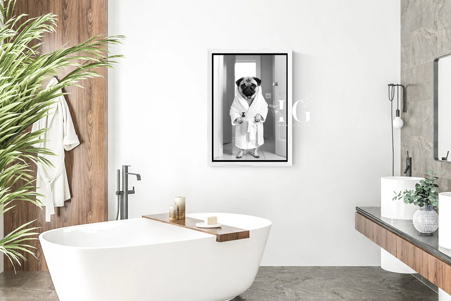 Adorable bathroom wall art with a playful pug wrapped in a cozy robe