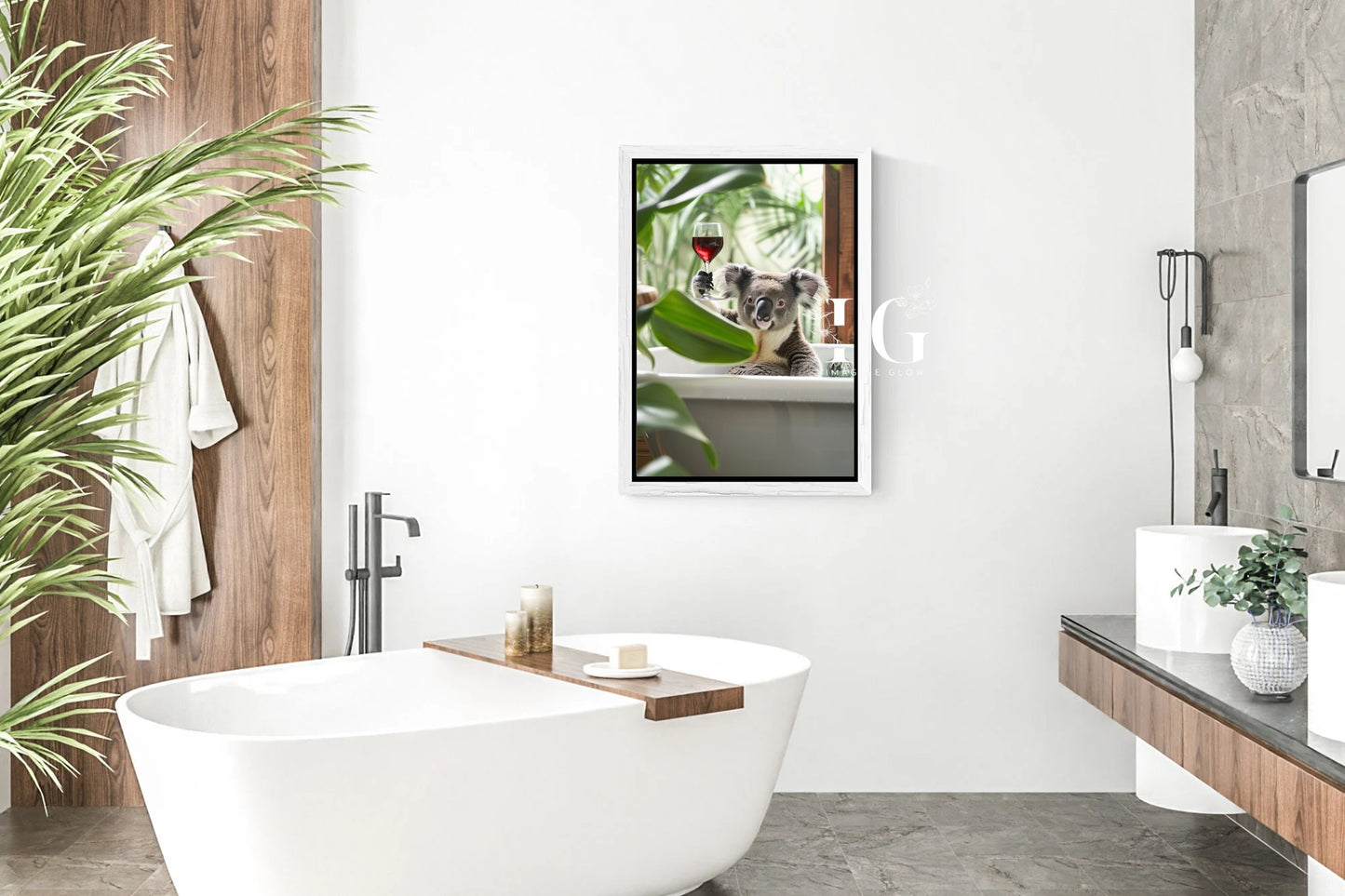 Adorable bathroom wall decor with a playful koala in a tub