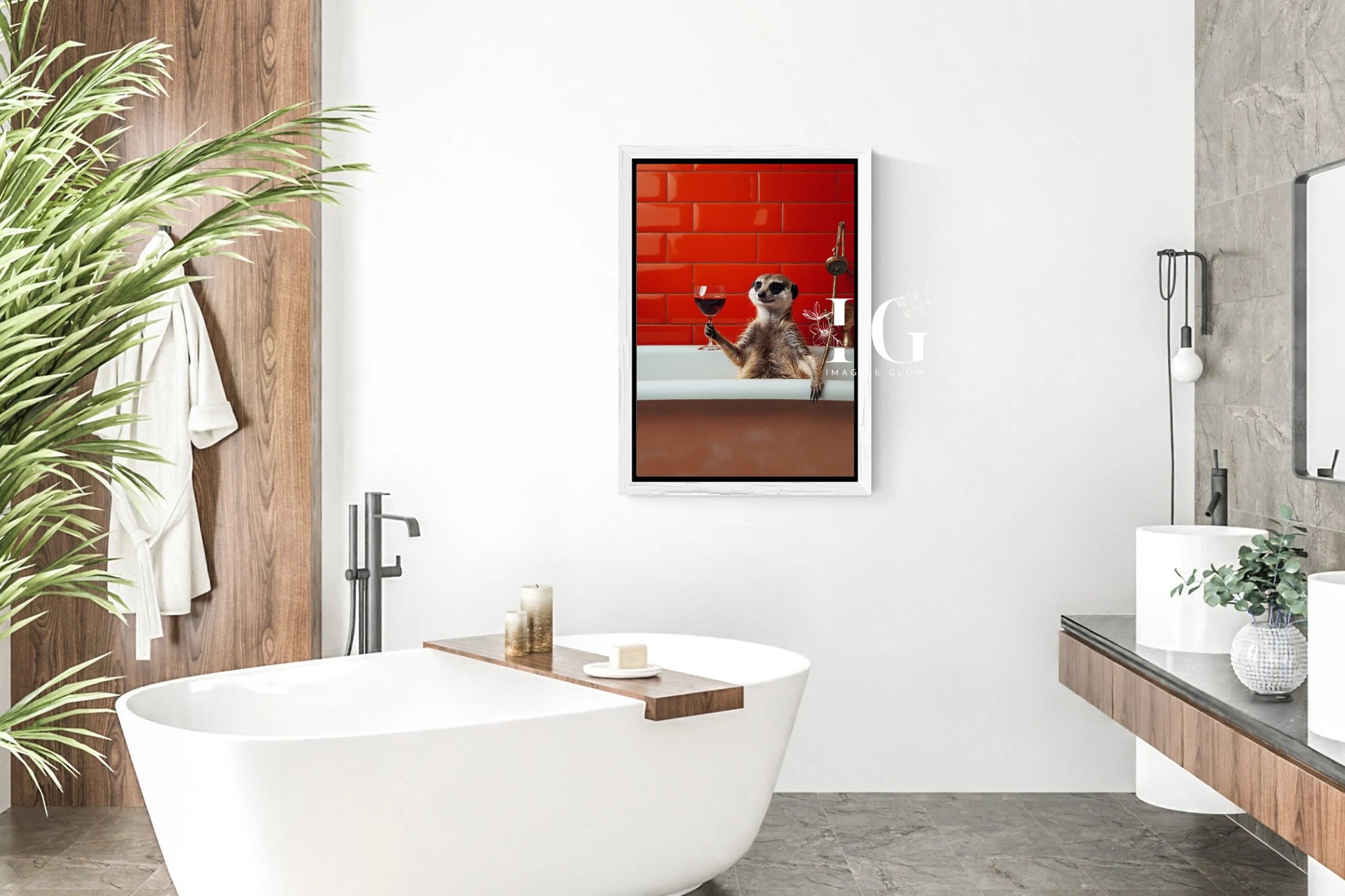 Whimsical bathroom wall decor featuring a meerkat enjoying a bath