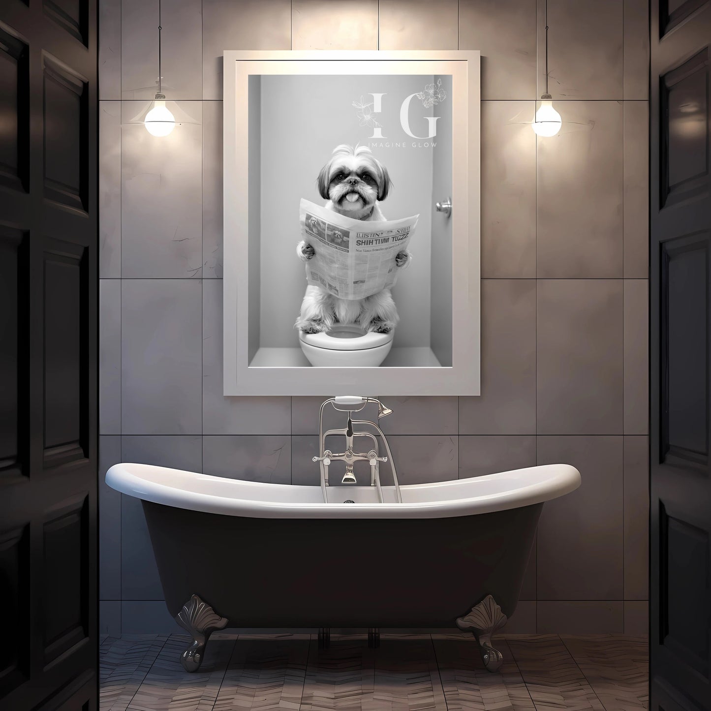 Funny bathroom wall art showcasing a playful Shih Tzu in a toilet