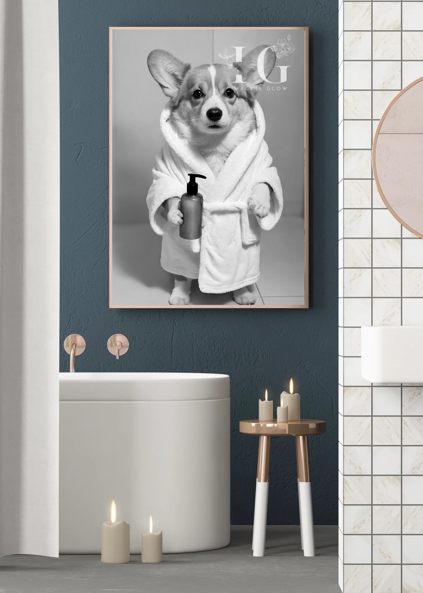 Welsh Corgi dog in a bathrobe illustration, perfect for bathroom art