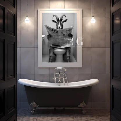 Humorous bathroom wall art showcasing a goat sitting in a toilet