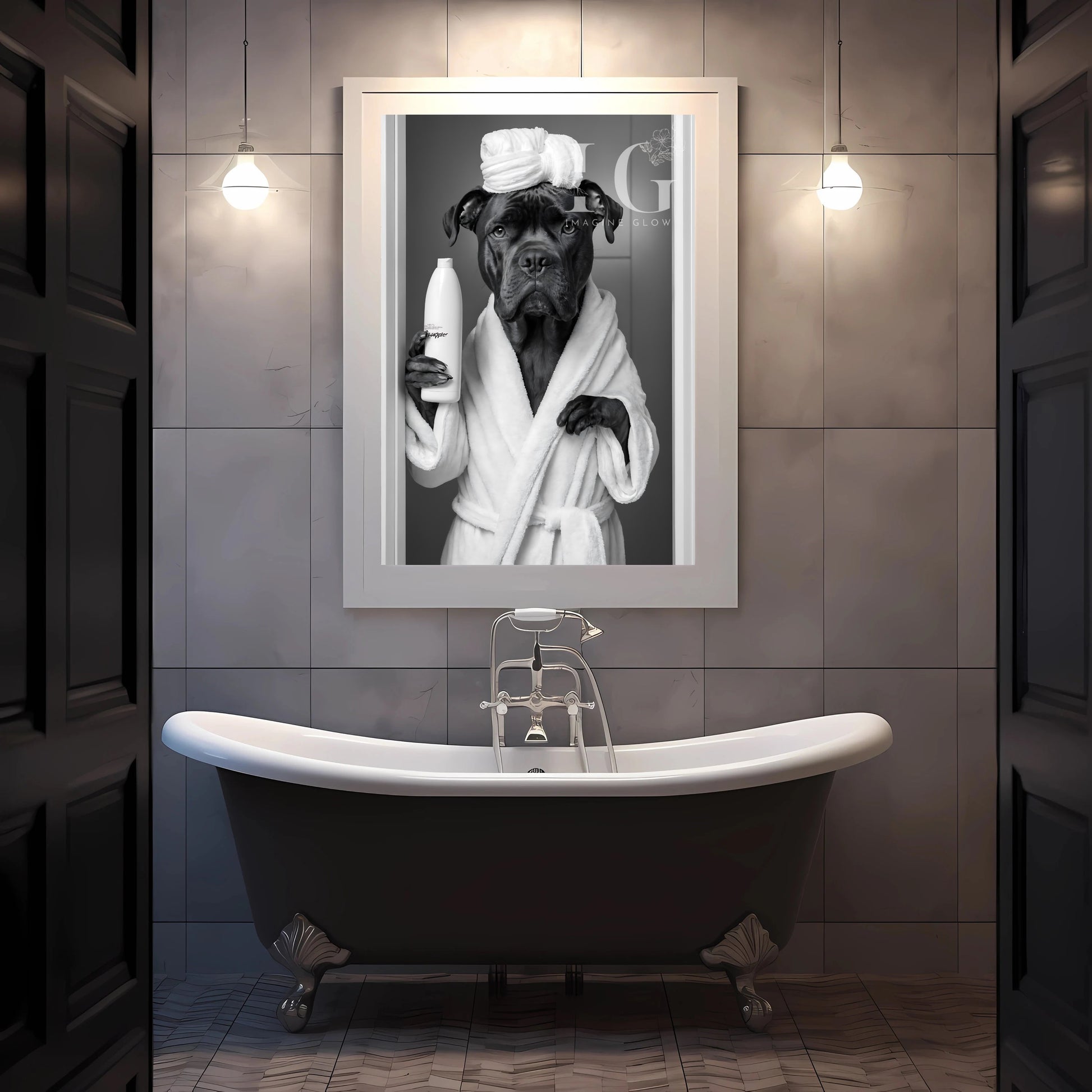 Printable restroom decor featuring Cane Corso humor.
Humorous black and white Cane Corso wall art for bathroom.