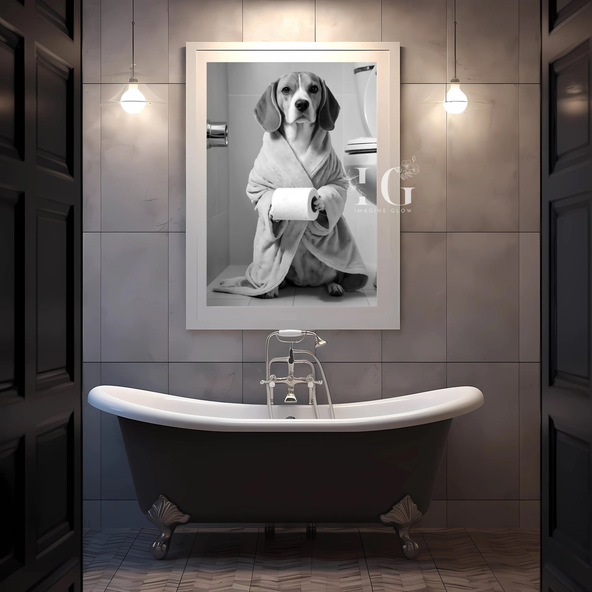 Charming Beagle dog in bathrobe printable art for bathroom walls.