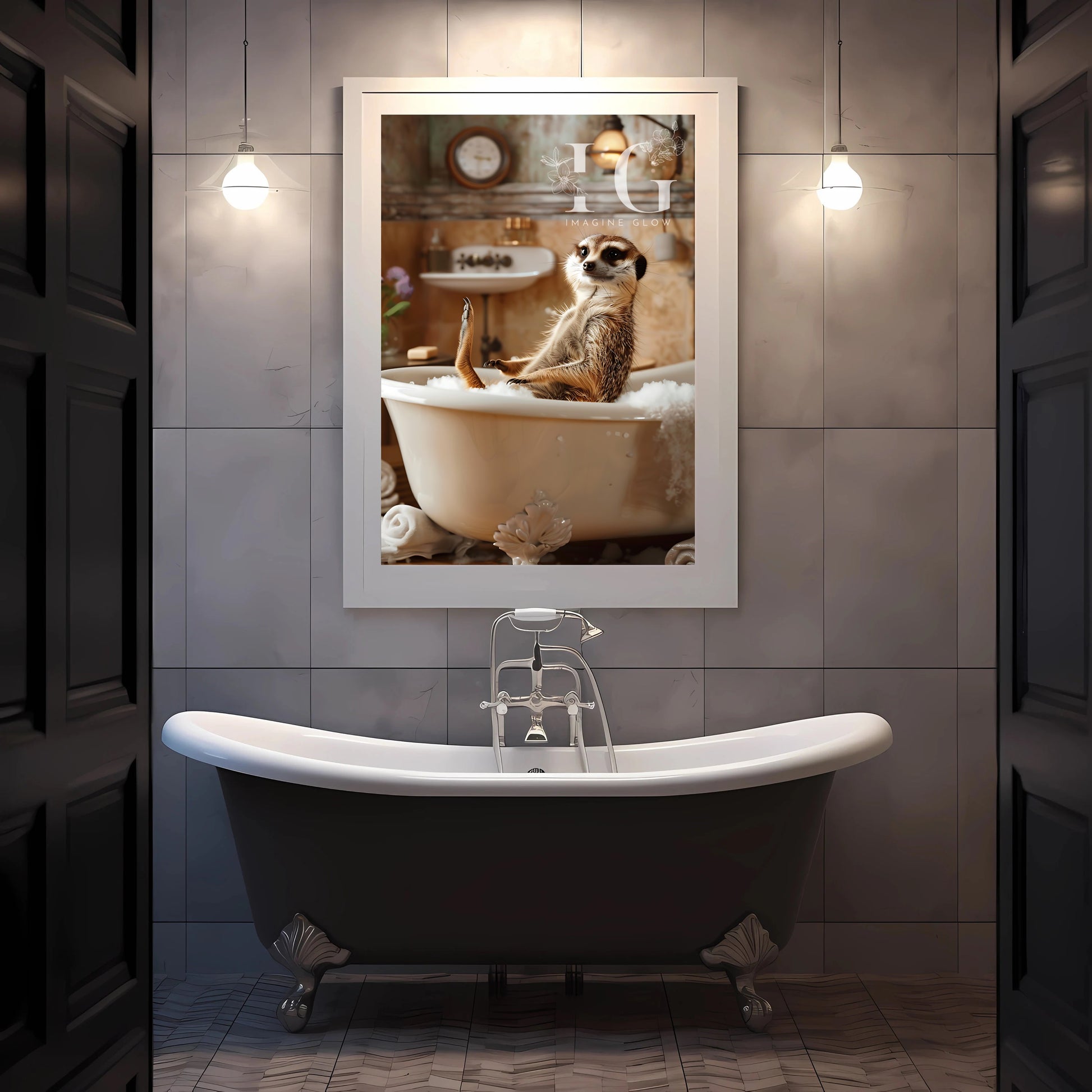 Whimsical bathroom wall decor with a playful meerkat in a tub