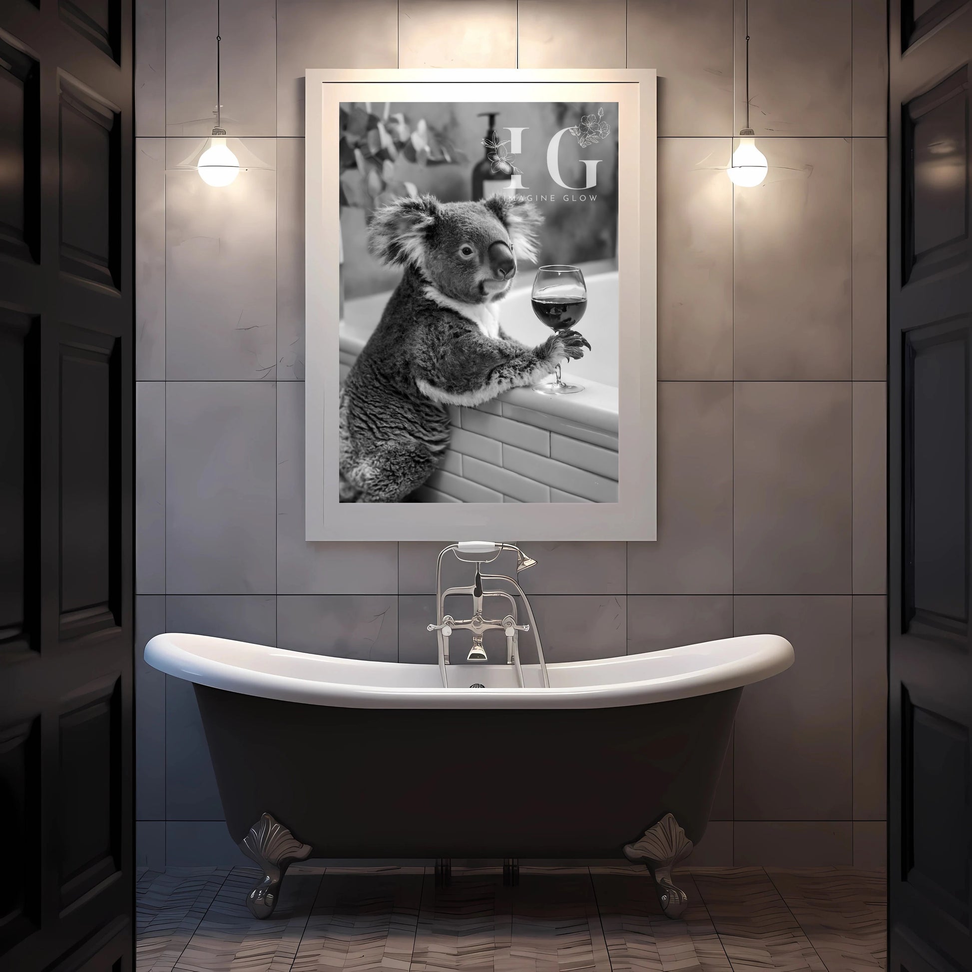 Printable wall art showing a relaxed koala in a bathtub