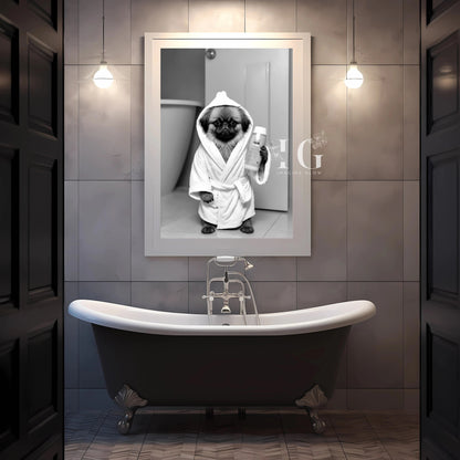 Funny bathroom wall decor with a playful Pomeranian in a bathrobe