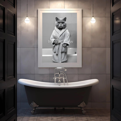 Charming bathroom wall art with a British Shorthair cat wearing a bathrobe.