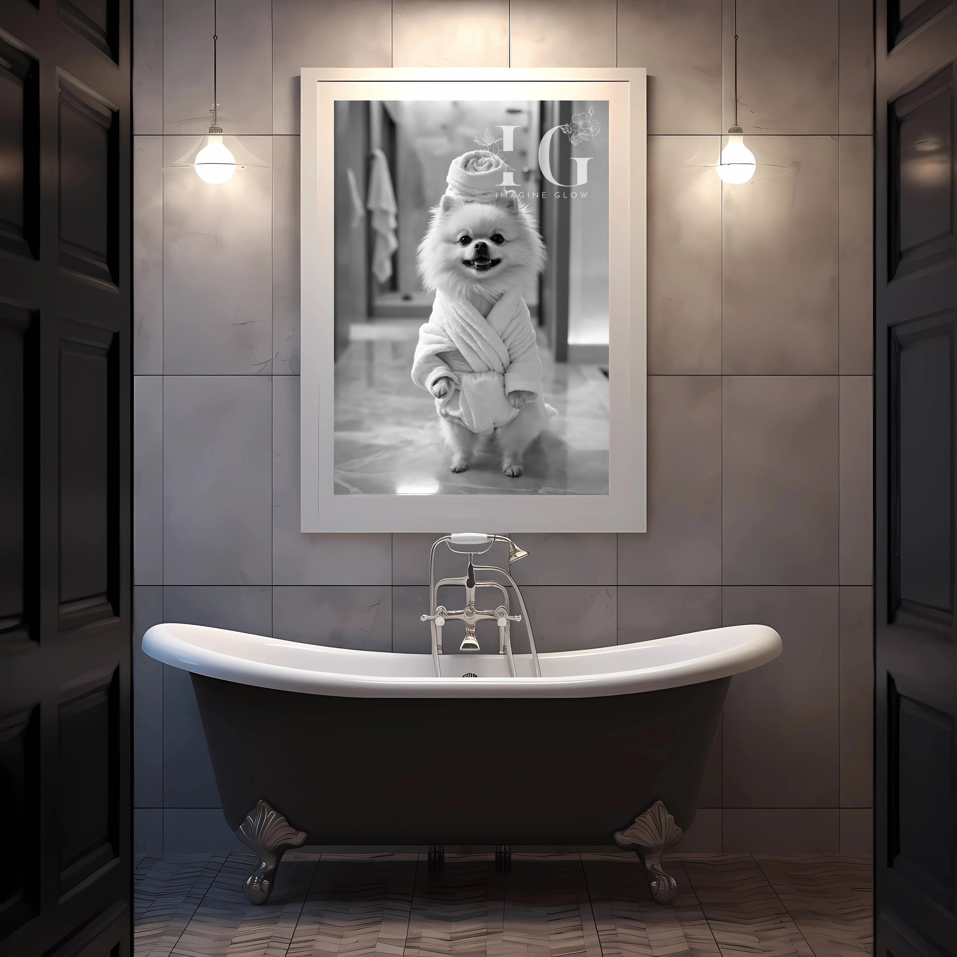 Funny bathroom wall decor with a playful Pomeranian in a bathrobe