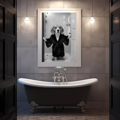 Fun and playful bathroom wall art with a Beagle dog in a bathrobe.