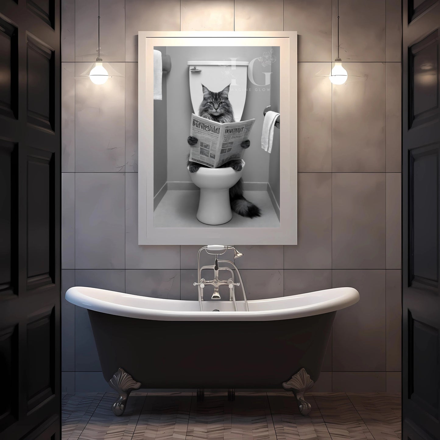 Humorous printable decor featuring a cat sitting on the toilet