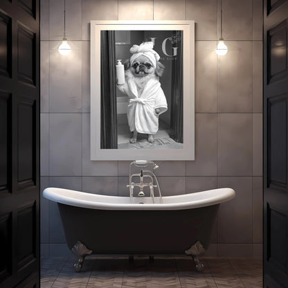 Printable restroom art featuring a dog in toilet.
Humorous black and white dog wall art