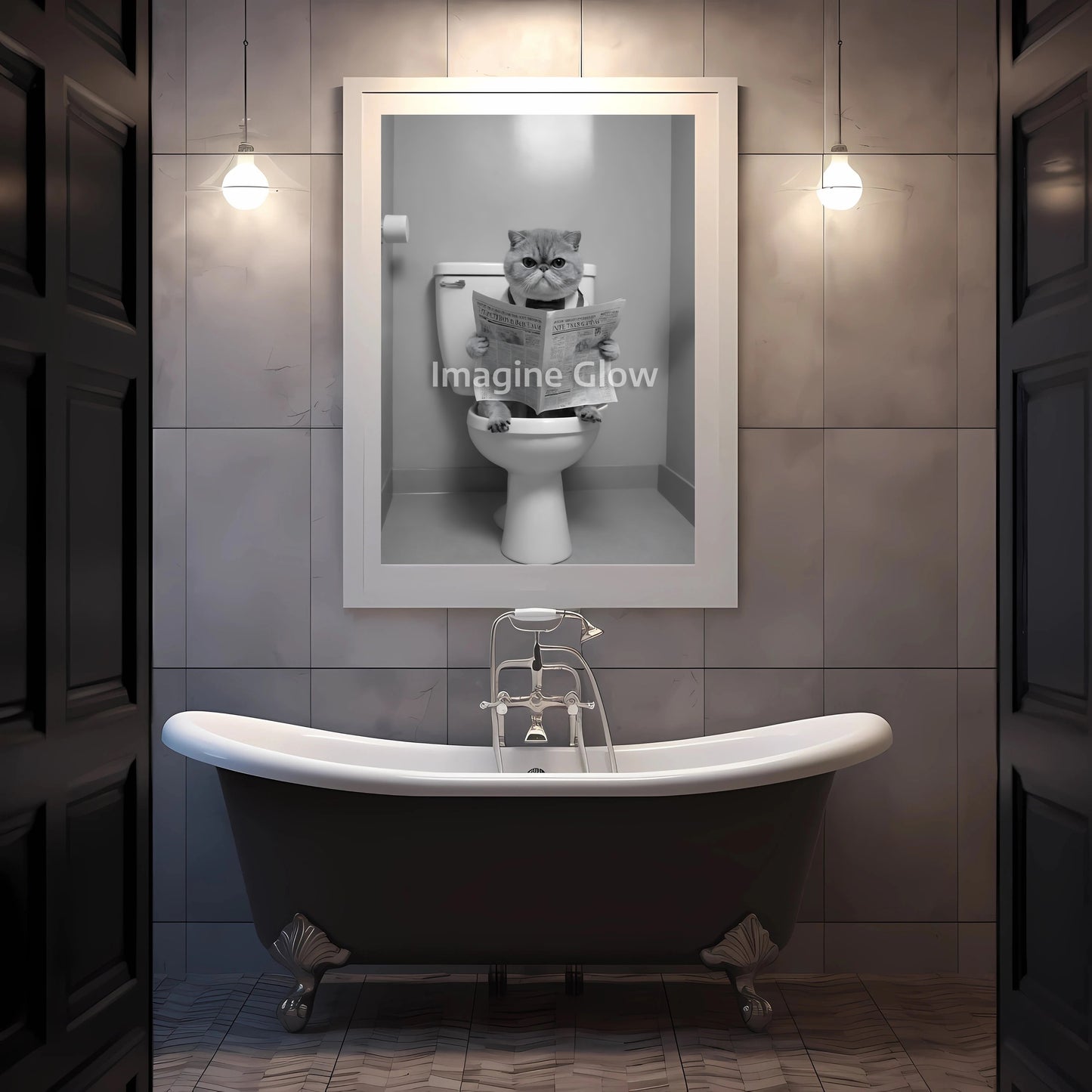 Humorous printable decor featuring a cat sitting on the toilet