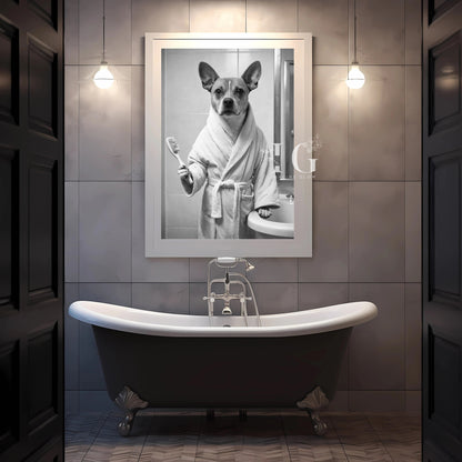 Humorous bathroom wall art showcasing a playful dog in a cozy bathrobe