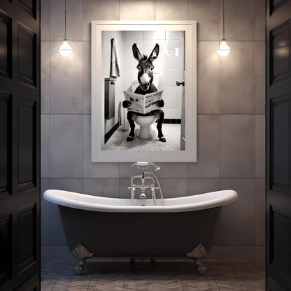 Funny bathroom wall art showcasing a donkey in a toilet