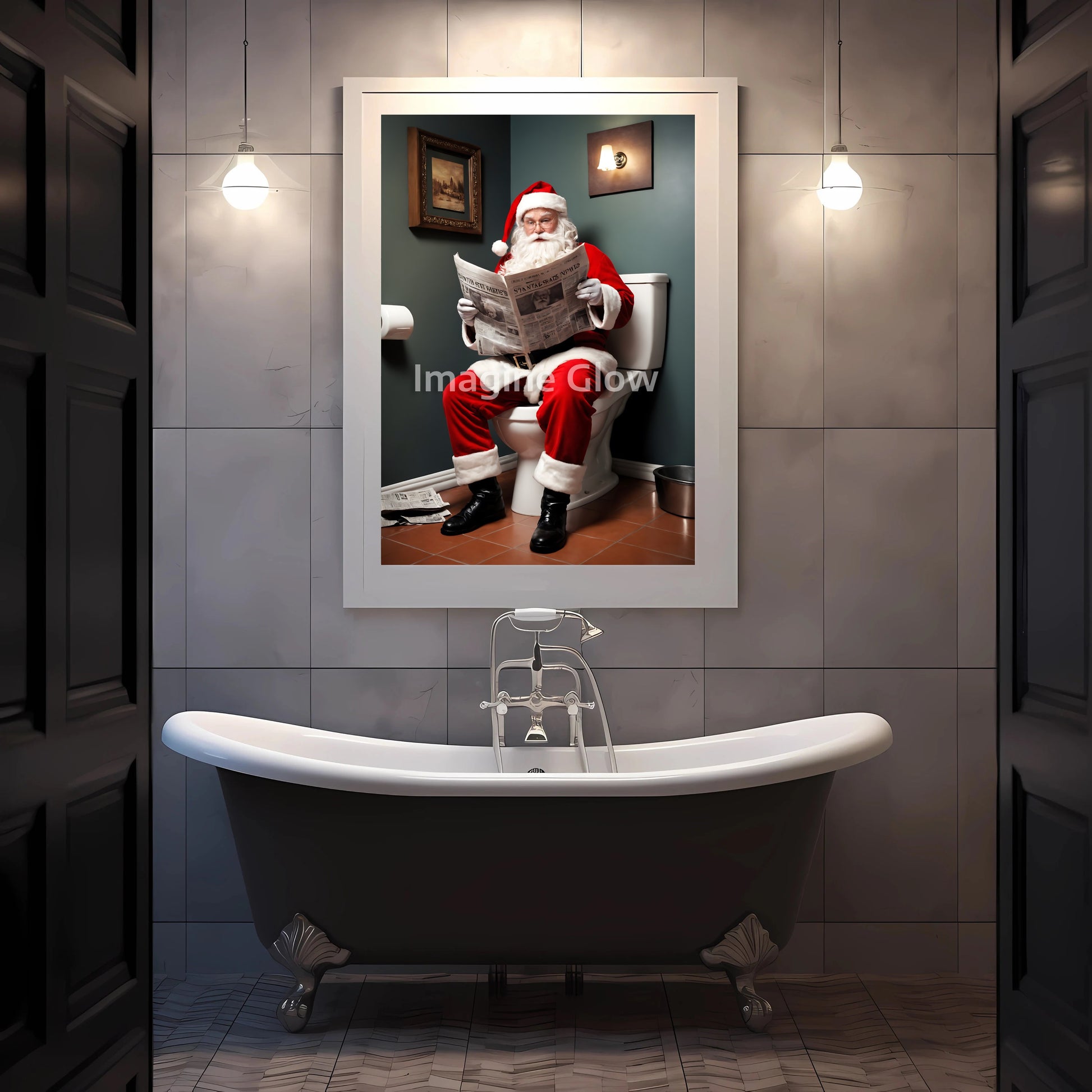 Cheerful Santa reading a newspaper, available as printable Christmas bathroom art.