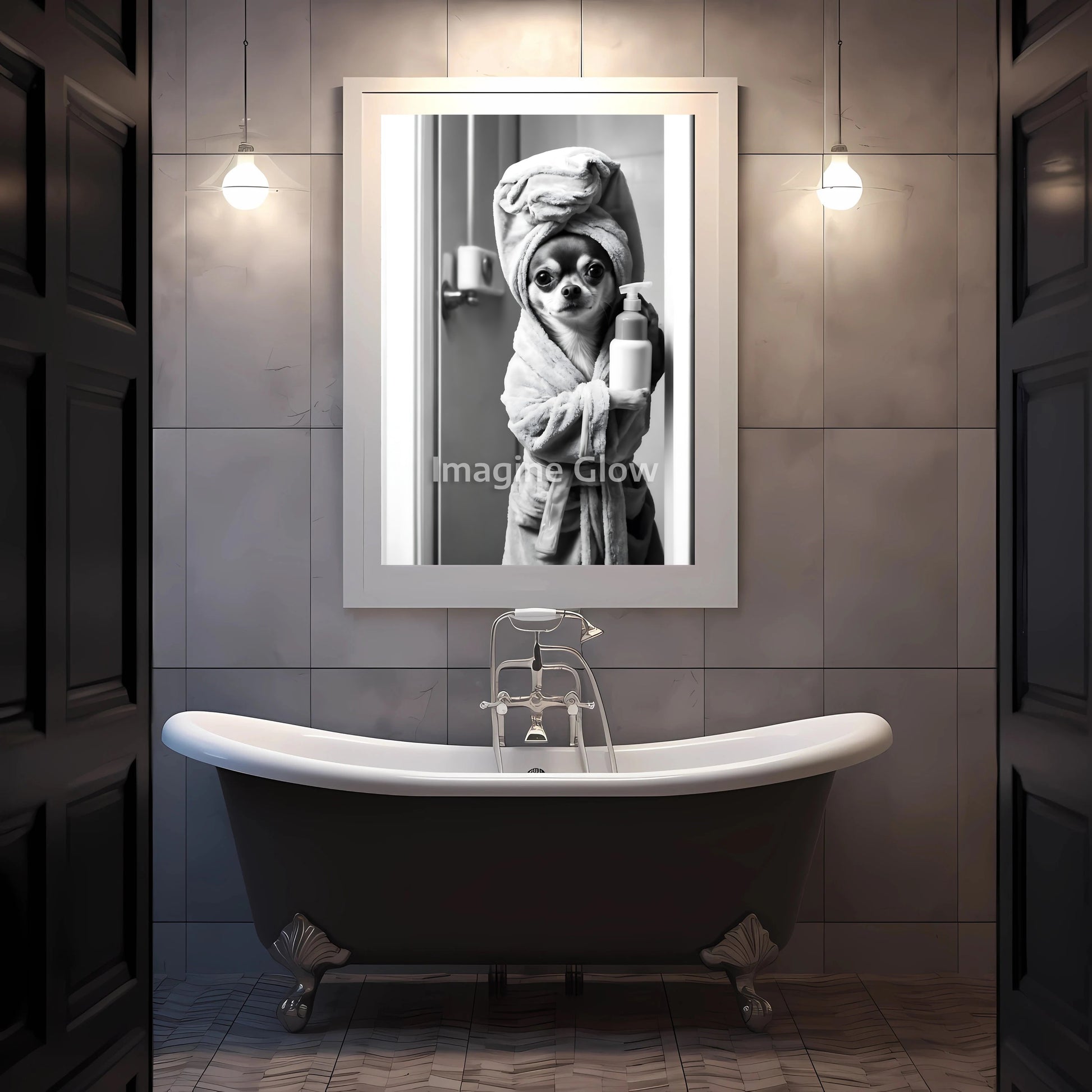 Cute Chihuahua dog in a bathroom illustration for printable wall decor