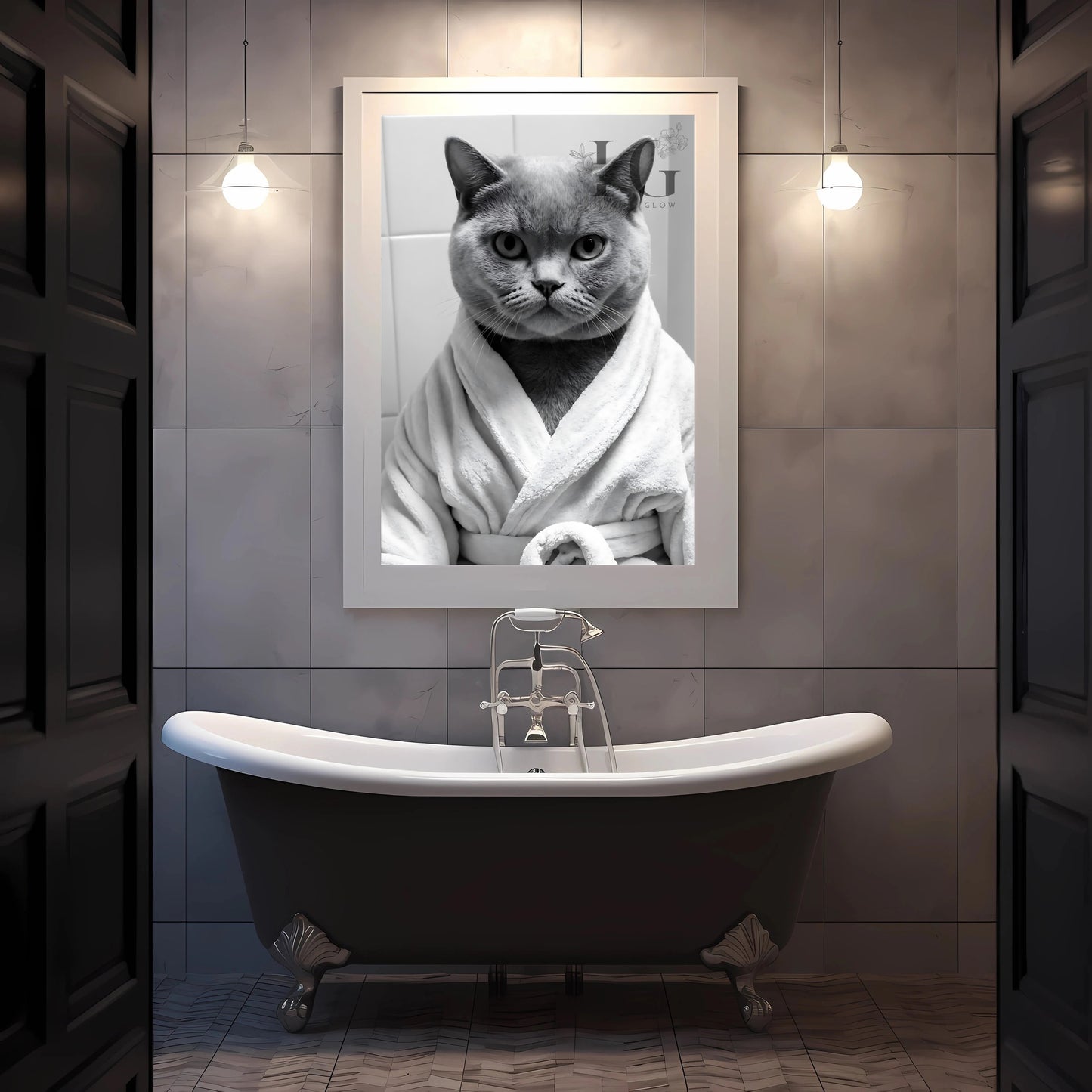 Humorous British Shorthair cat in bathroom design for quirky decor.