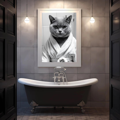 Humorous British Shorthair cat in bathroom design for quirky decor.