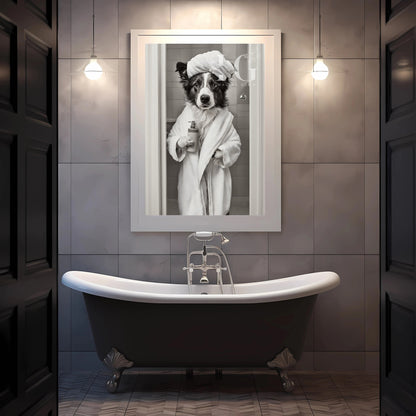 Printable restroom art featuring Collie dog humor.
Humorous black and white dog wall art for bathroom.