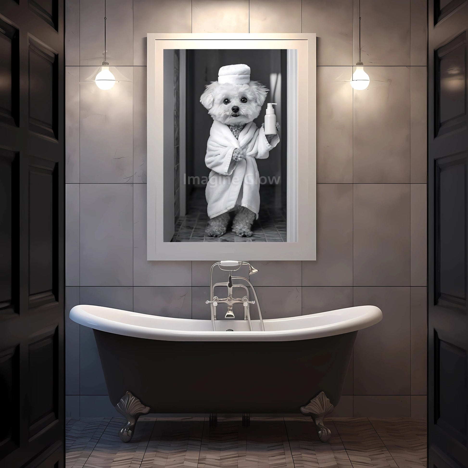 Cute Bichon Frise dog in bathrobe design for whimsical bathroom decor.