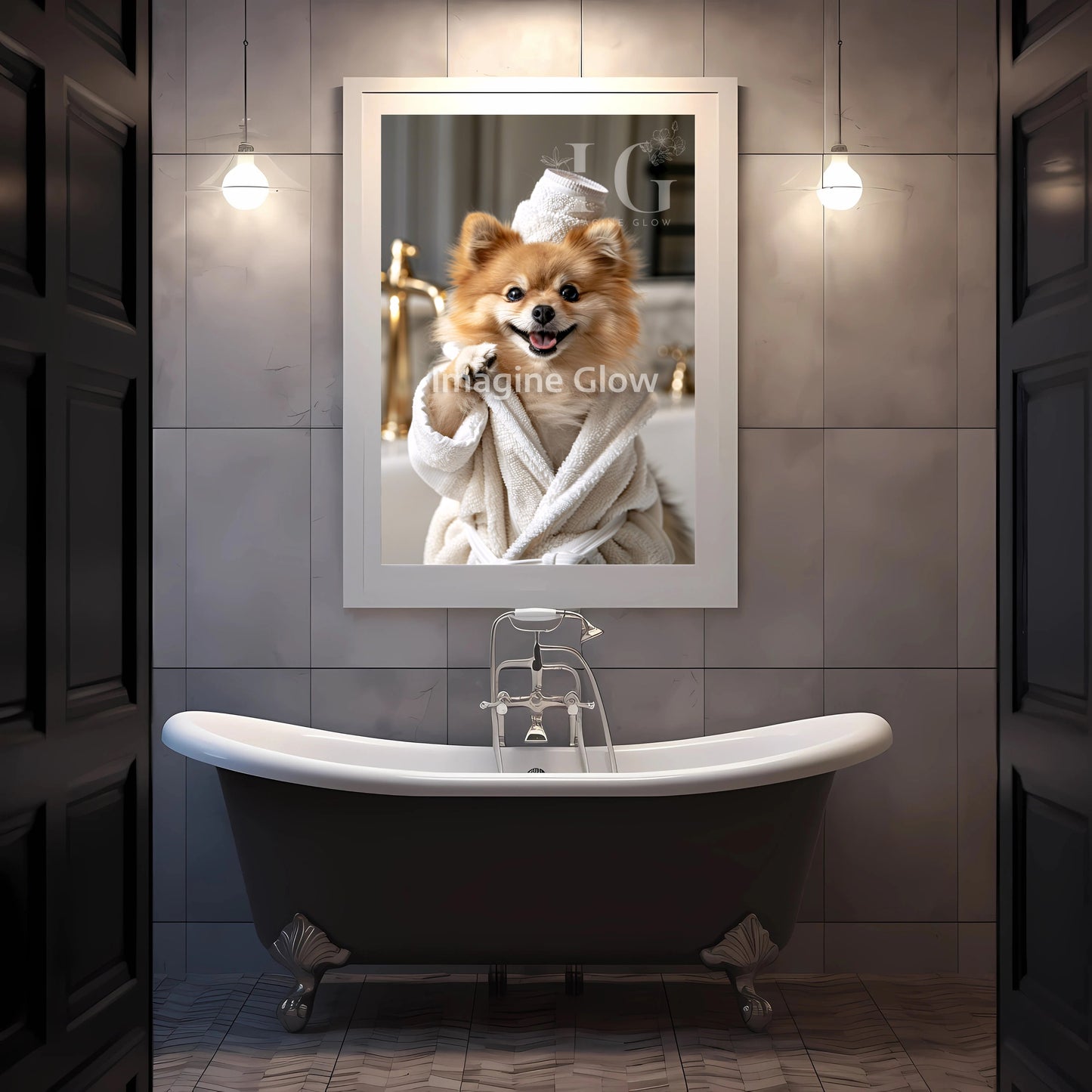 Funny bathroom wall decor with a playful Pomeranian in a humorous setting