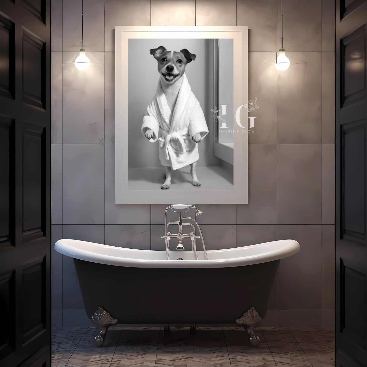 Adorable bathroom wall art with a playful Jack Russell wrapped in a cozy robe