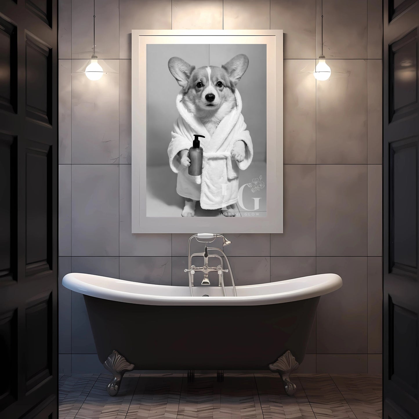 Cute Corgi in a cozy bathrobe, printable wall decor for bathrooms