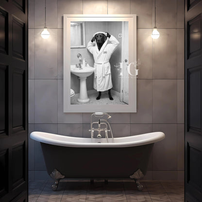 Humorous bathroom wall art showcasing a friendly Labrador relaxing in a bathrobe