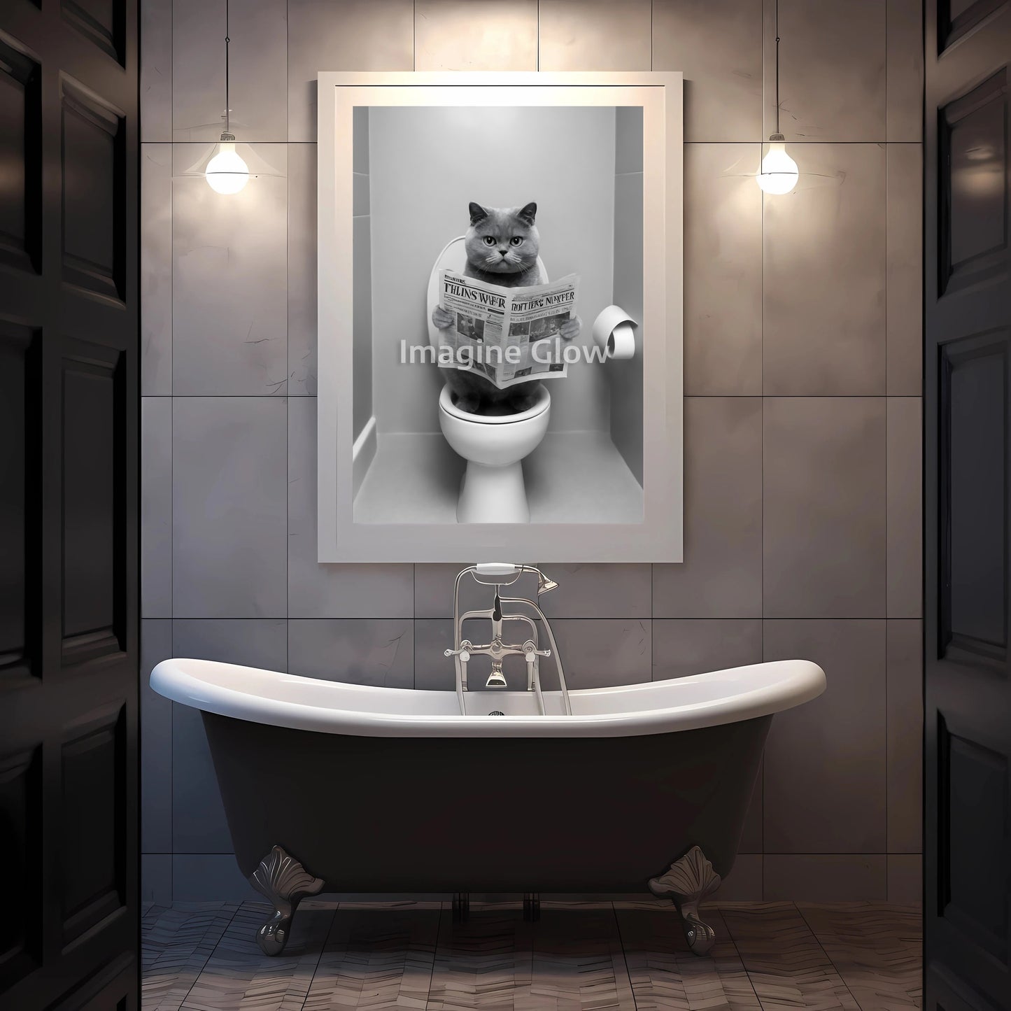 Printable wall decor showing a British Shorthair cat reading a newspaper while in the toilet.