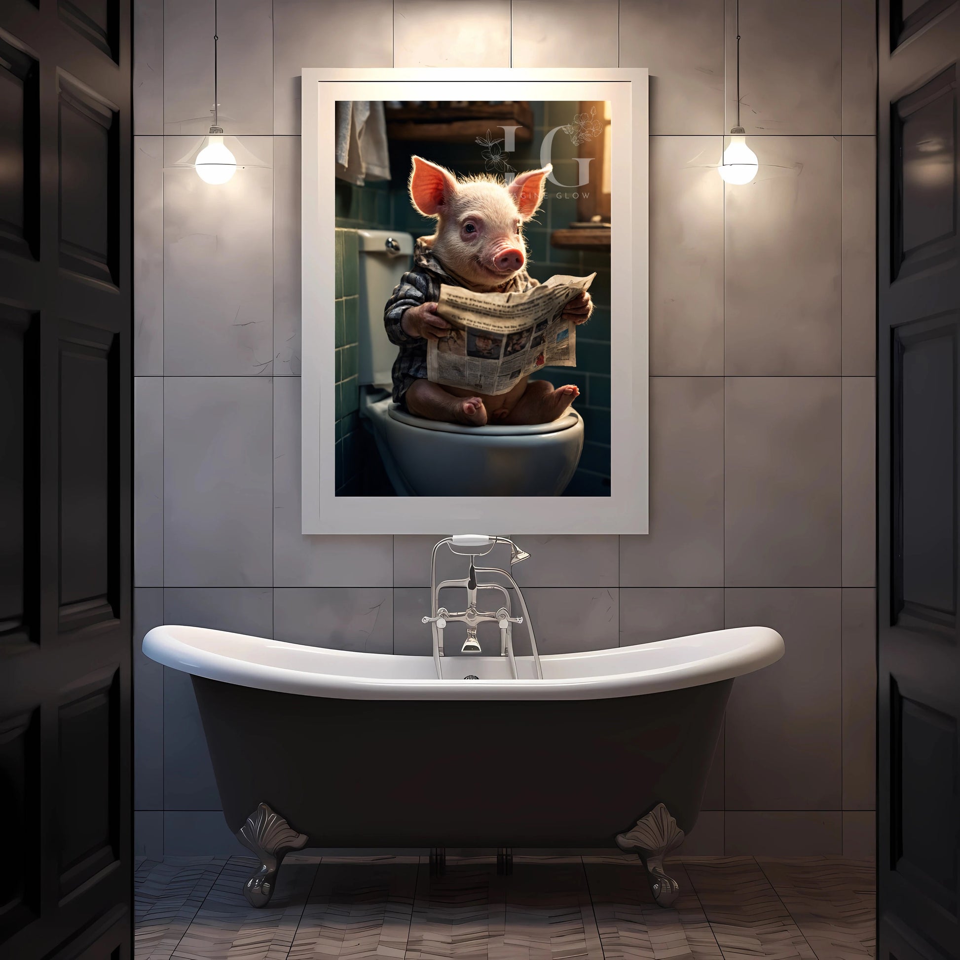 Whimsical pig in toilet illustration adding charm to bathroom