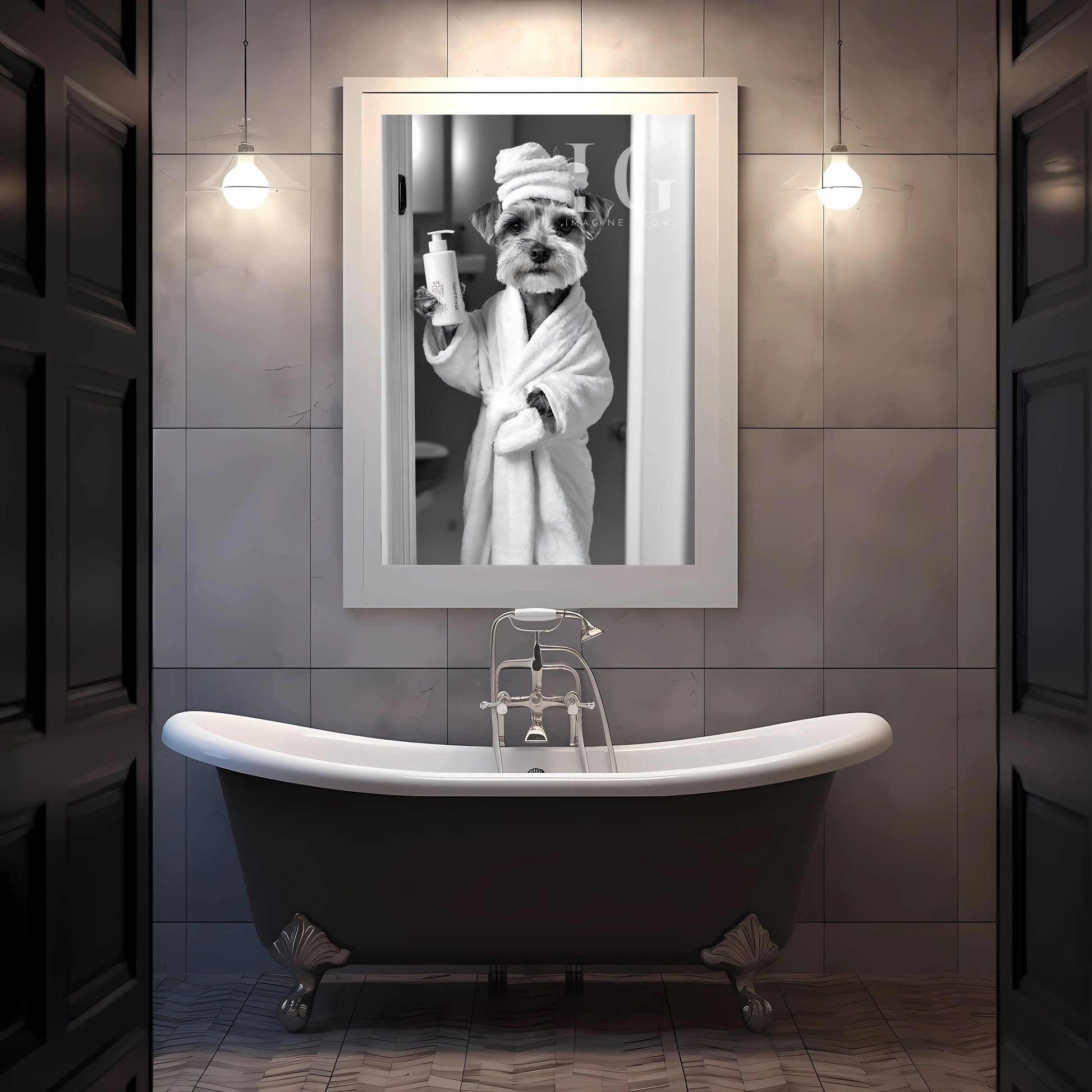 Humorous Schnauzer wall art for restroom
Black and white Schnauzer in toilet wall decor