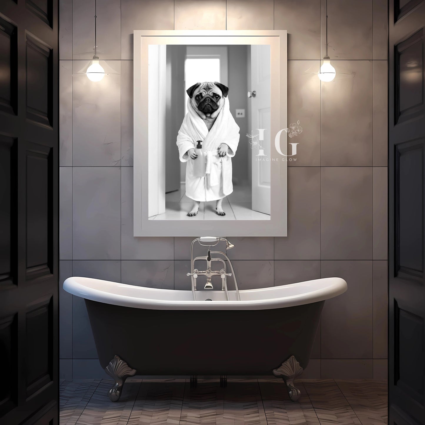 Printable wall art of a pug dog in a bathrobe for quirky bathroom decor