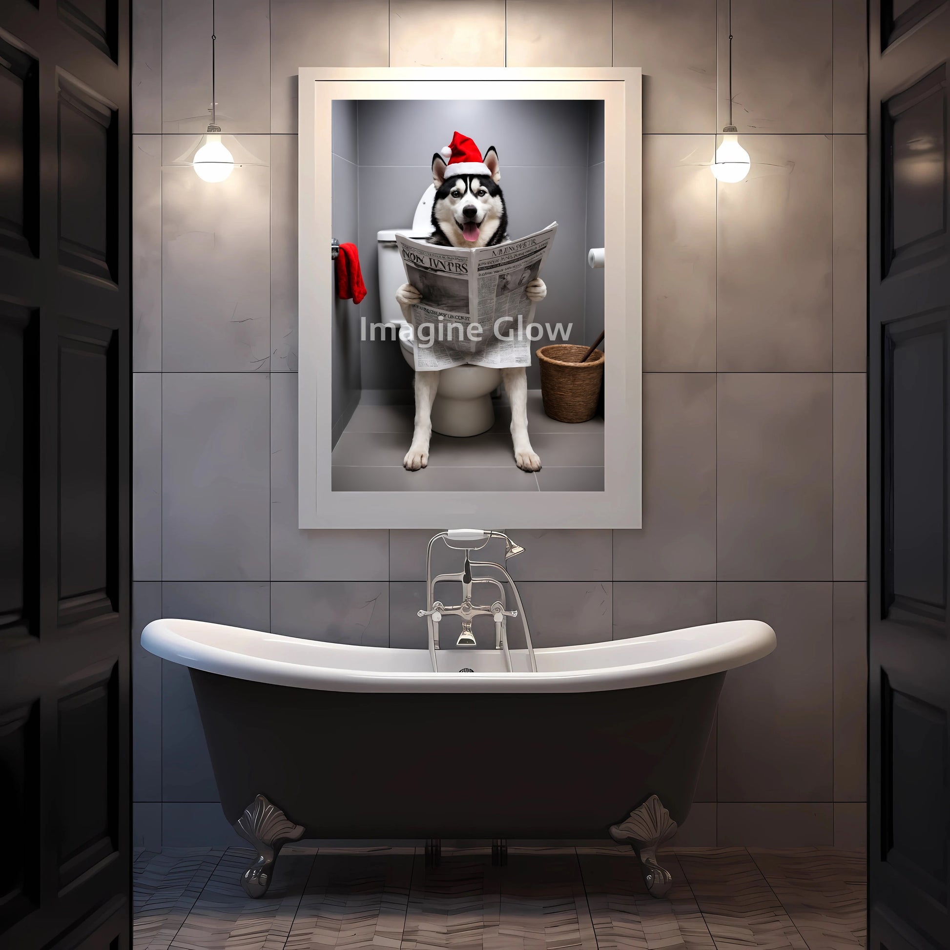 Quirky printable artwork of a Siberian Husky in a toilet, perfect for holiday bathroom decor.