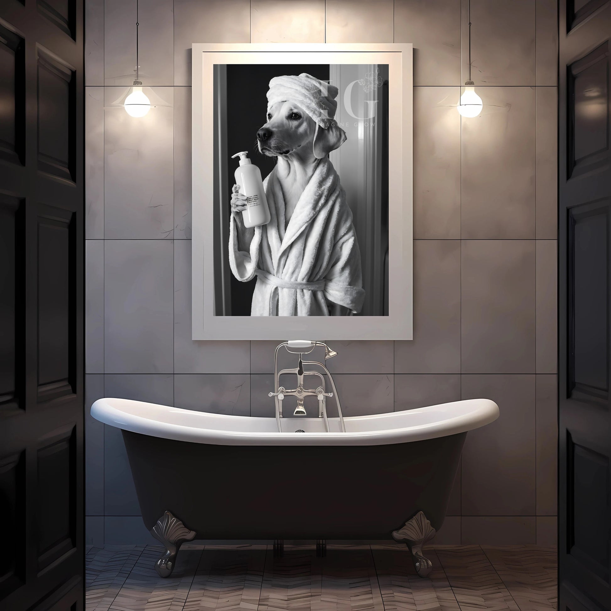 Humorous bathroom wall art showcasing a Labrador Retriever in a toilet