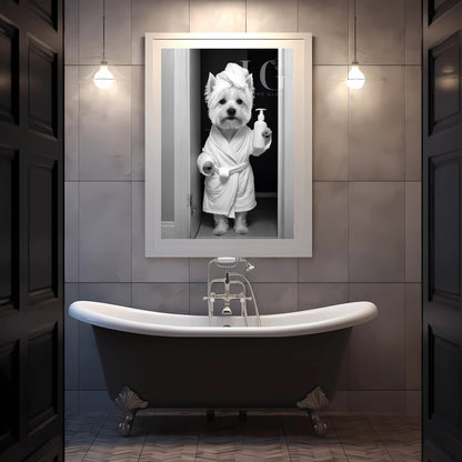 Funny West Highland White Terrier wall art for restroom.
Black and white Westie in toilet bathroom wall decor