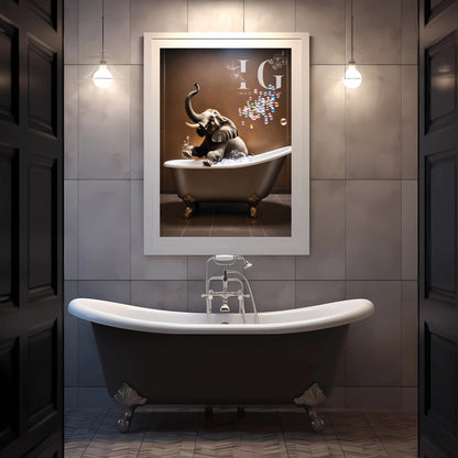 Fun illustration of an elephant enjoying a bath for wall art