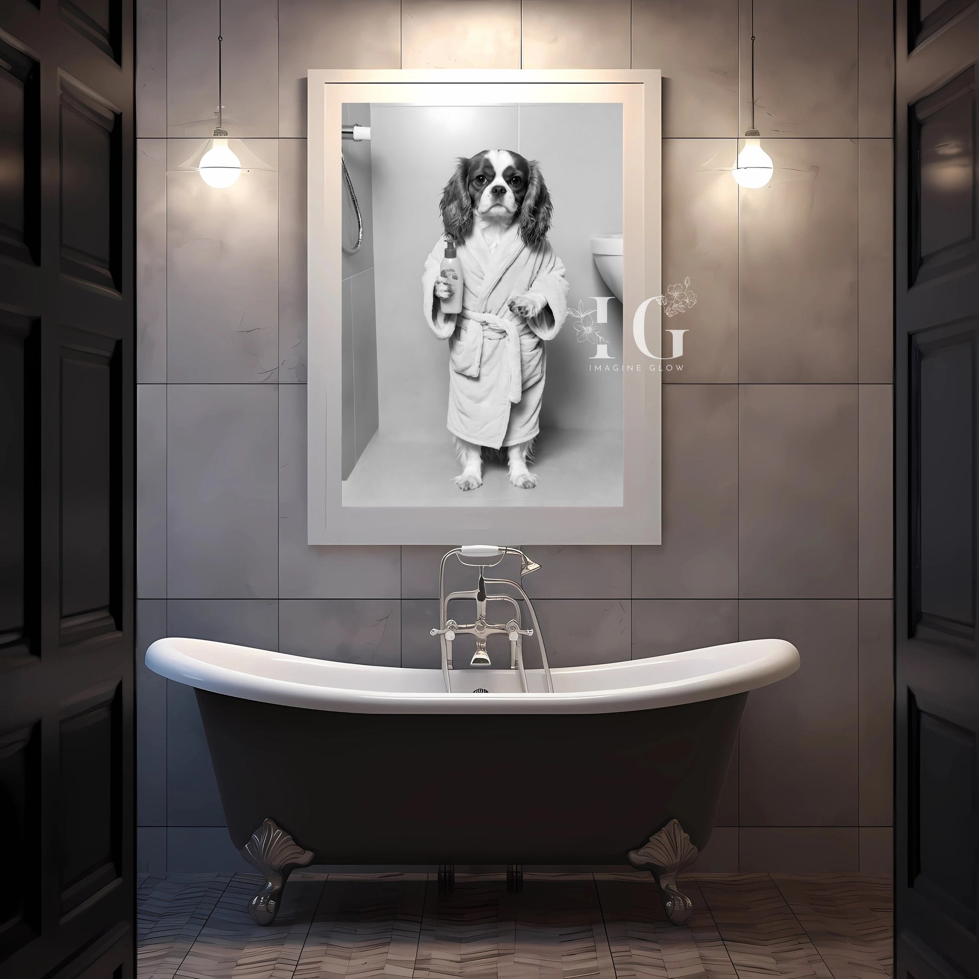 Printable art showing a Cavalier King Charles Spaniel relaxing in a bathrobe for bathroom decor.