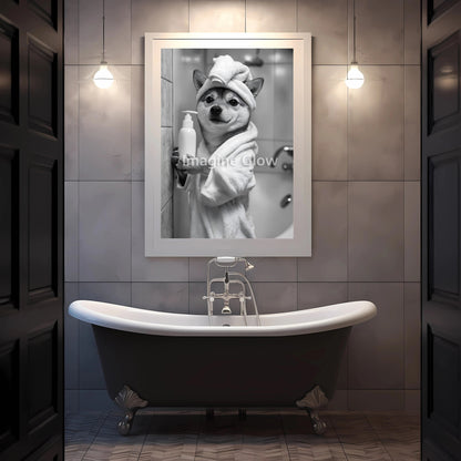 Whimsical wall art for restroom with Shiba Inu.
Humorous dog art print for bathroom decor