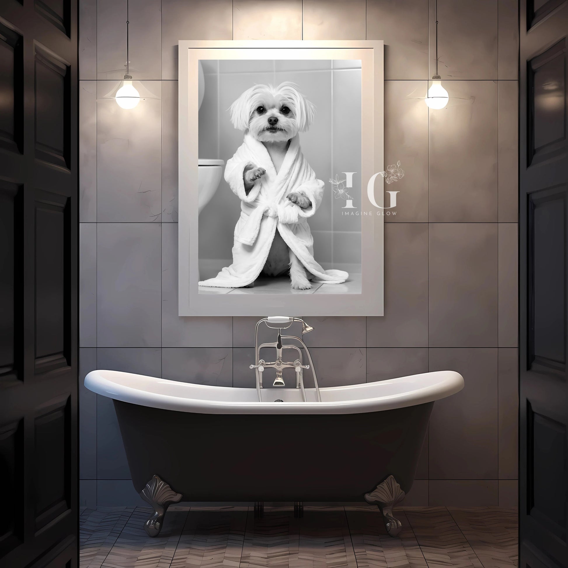 Printable wall art of a Maltese dog in a bathrobe for quirky bathroom decor