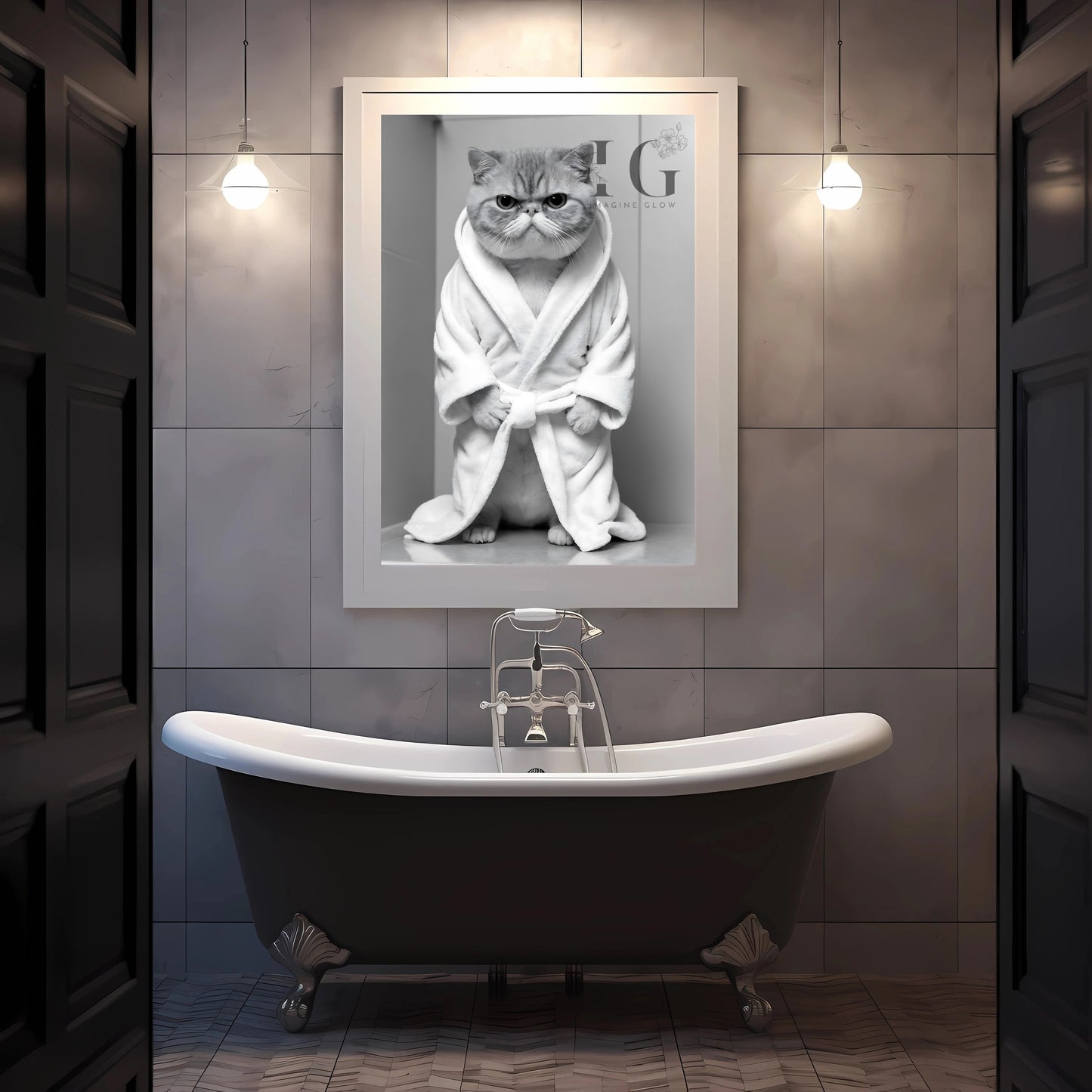 Humorous printable decor featuring a cat wearing a cozy bathrobe