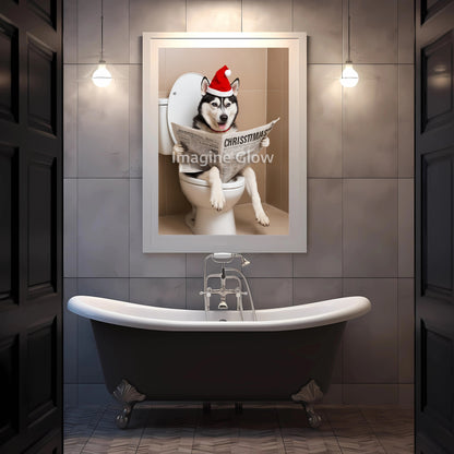 Festive wall art with a Siberian Husky dog in a humorous bathroom scene.