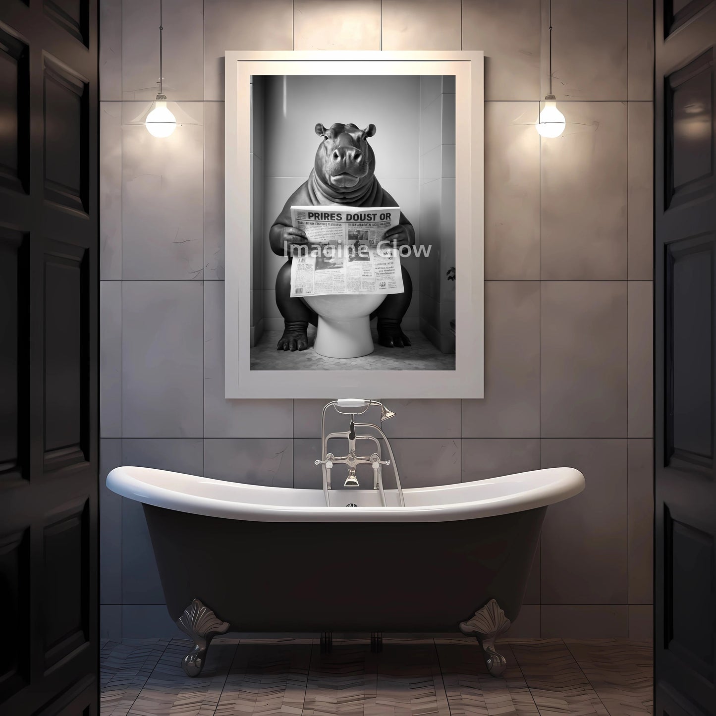 Playful bathroom wall art featuring a hippo peeking from a toilet