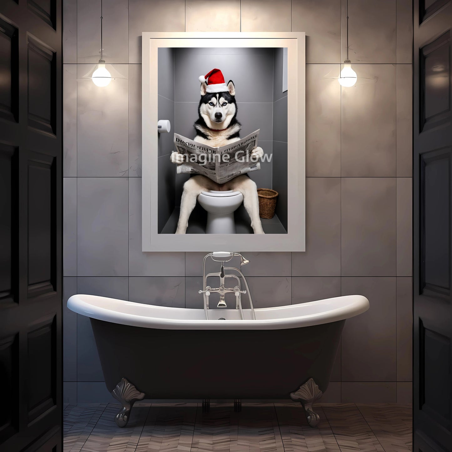 Festive printable wall art featuring a Siberian Husky in a humorous bathroom scene.